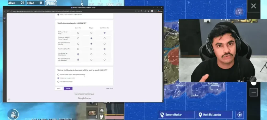 BGMI Lite Survey 2026 question asking acceptable ad placement options