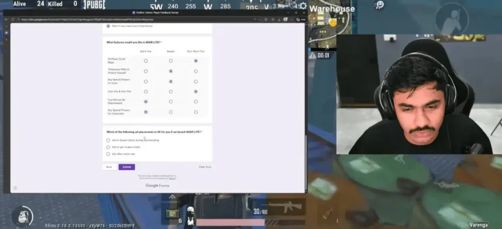 BGMI Lite Survey 2026 question about desired features like smaller map and 60 players