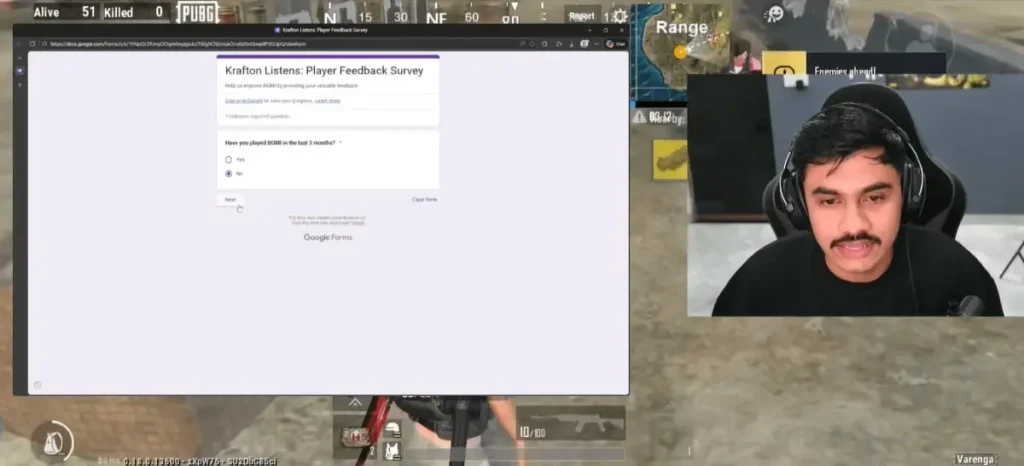 BGMI Lite Survey 2026 question asking if you played BGMI in last three months