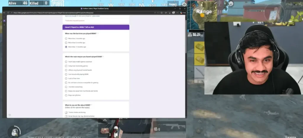 BGMI Lite Survey 2026 question about last time played BGMI options