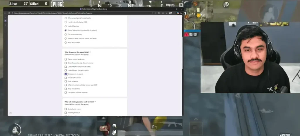 BGMI Lite Survey 2026 question about issues players dislike in BGMI