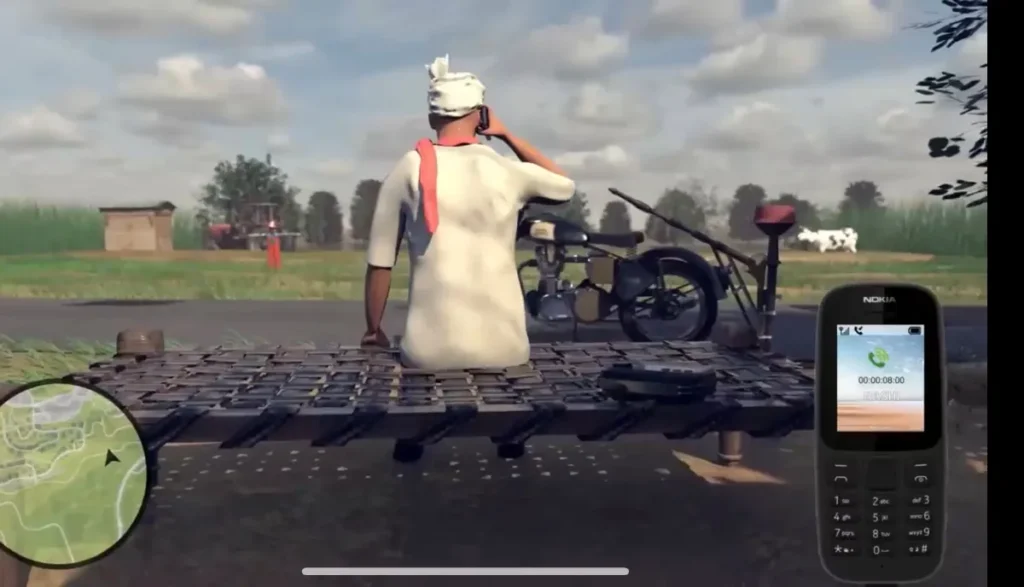 Indian open world GTA style mobile game featuring village character, bike and in game mobile interface