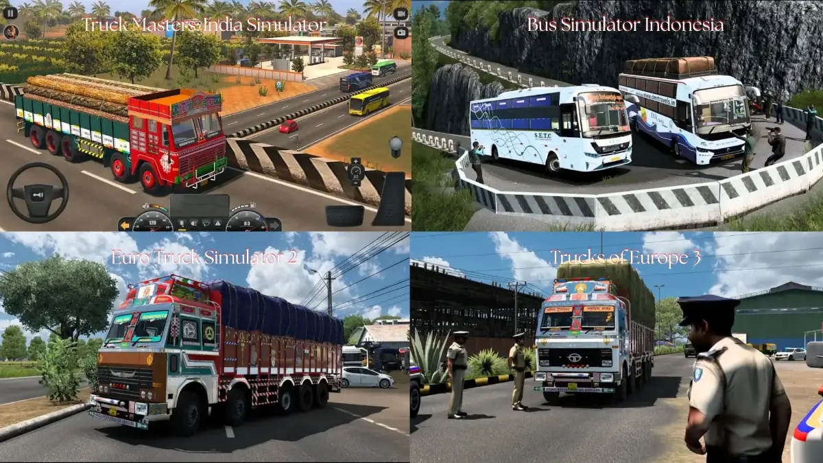 Best Indian truck game 2026 featuring Euro Truck Simulator 2, Bus Simulator Indonesia, Trucks of Europe 3 and Truck Masters India Simulator