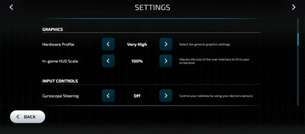 Farming Simulator 23 mobile graphics settings menu showing hardware profile and gyroscope steering options