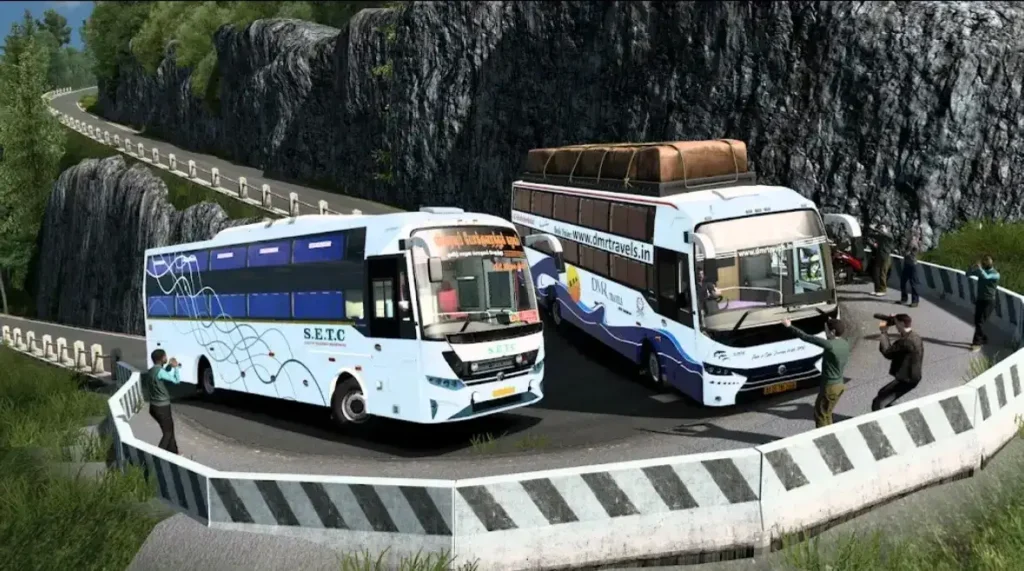 Bus Simulator Indonesia mobile gameplay featuring realistic bus driving on mountain roads with detailed traffic