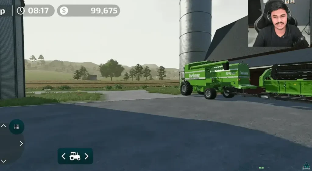 Farming Simulator 23 Mobile gameplay showing harvester machine during core farming simulation mechanics