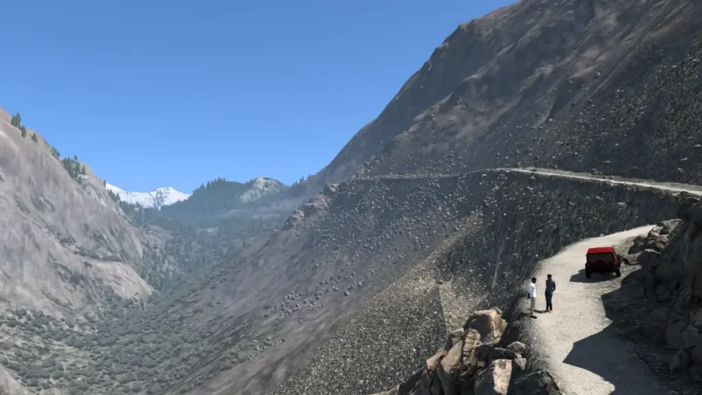 Euro Truck Simulator 2 Pakistan to India route showing dangerous mountain roads with steep cliffs and challenging terrain