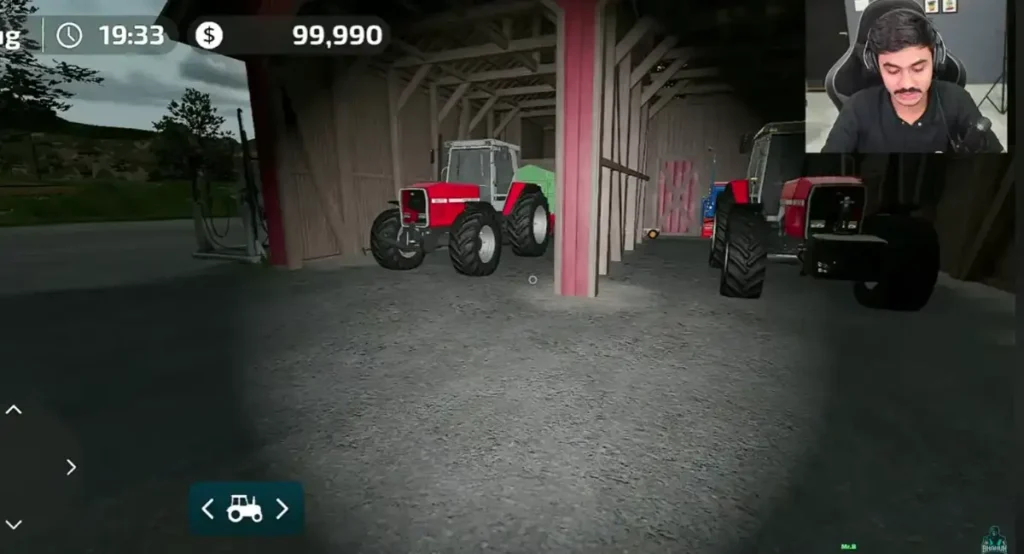 Farming Simulator 23 mobile equipment garage showing multiple tractors and machinery inside barn