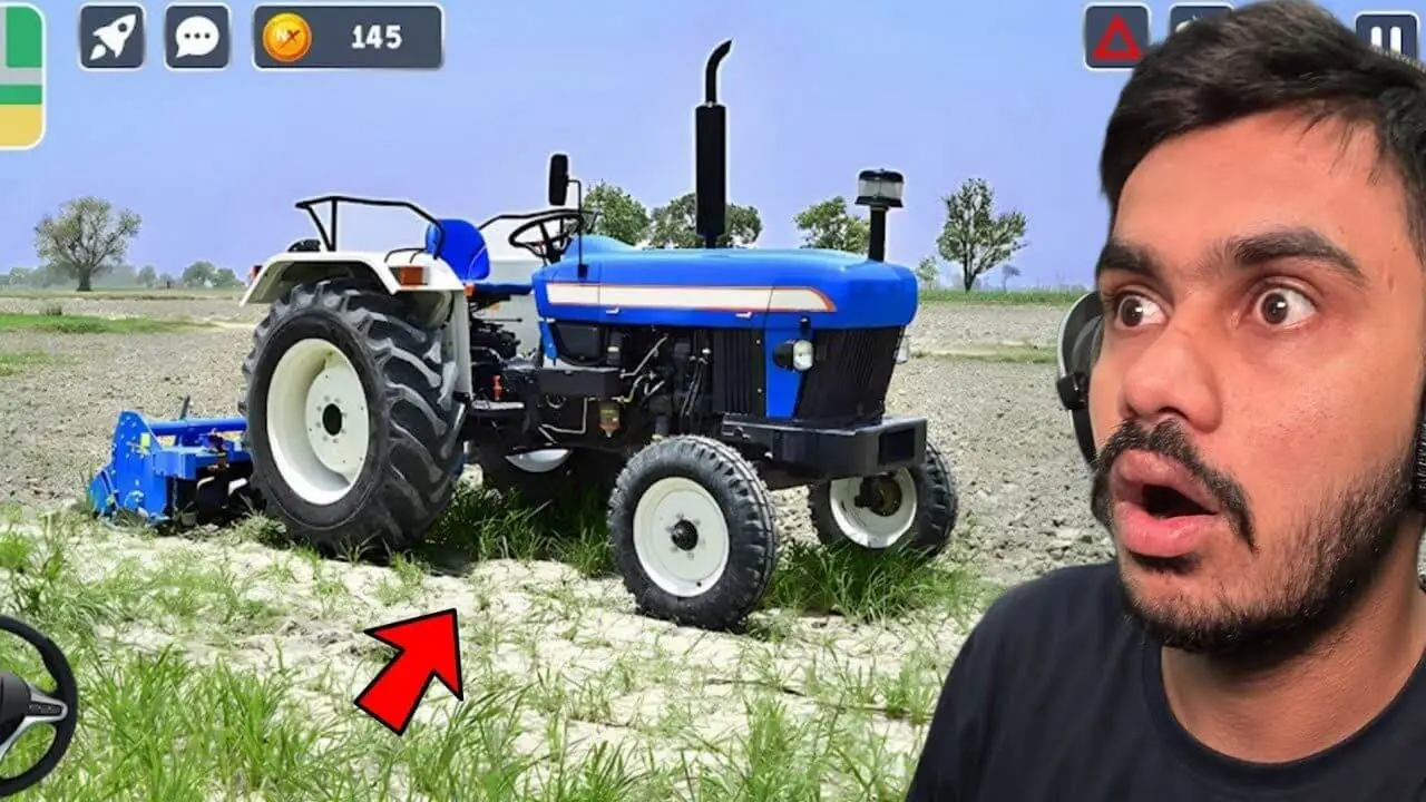 Farming Simulator 23 Mobile gameplay showing blue tractor plowing field with creator reaction on right side