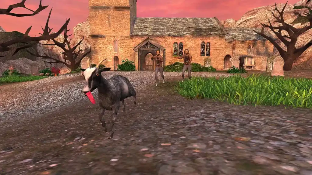 Goat Simulator mobile gameplay showing chaotic physics based adventure in open world