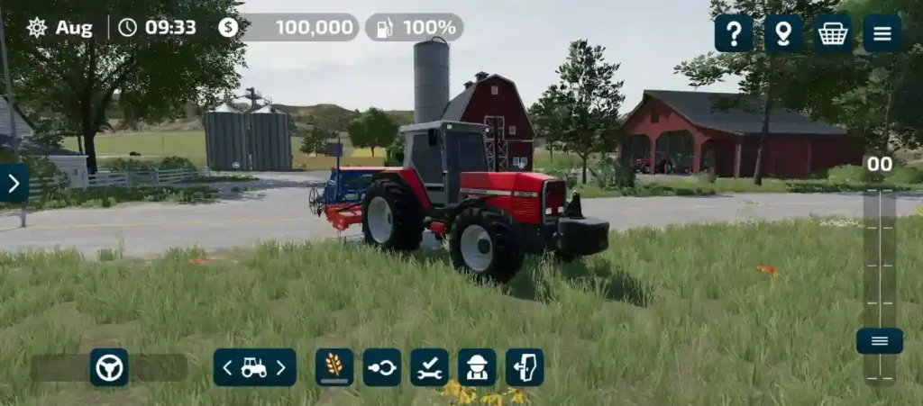 Farming Simulator 23 Mobile graphics quality showing detailed tractor, grass textures, and farm environment