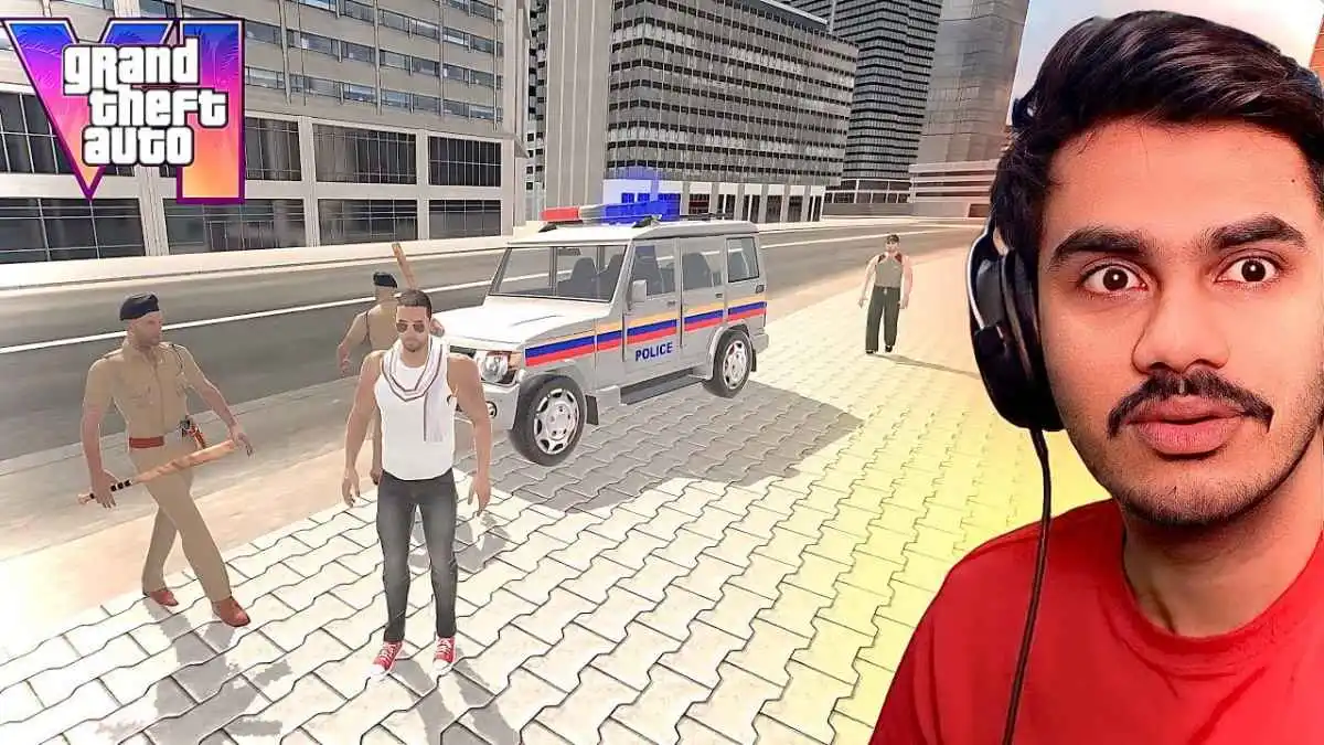 Indian GTA mobile game gameplay showing police chase scene in Indian city with open world environment