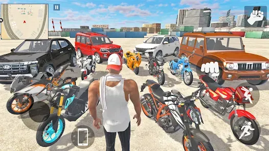 Indian GTA Android game vehicle collection showing bikes, SUVs, Wagon R and Mahindra Thar in open world city