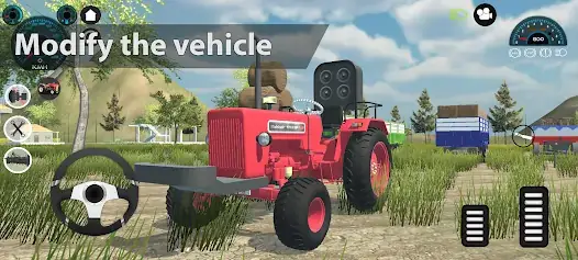 Indian Tractor Simulator 2 gameplay showing red tractor with farming controls and trailer attachment