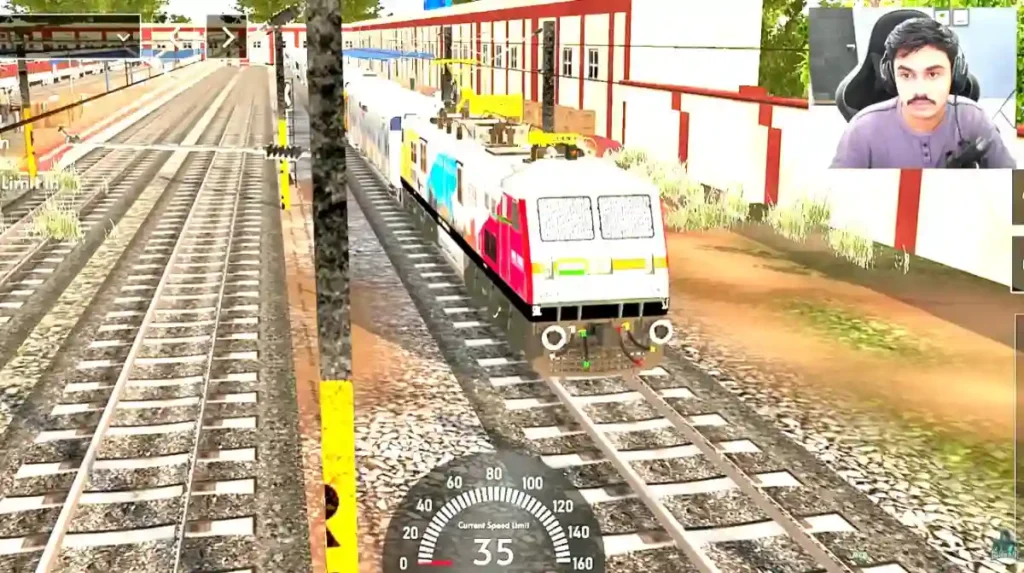 indian train railway simulator gameplay showing electric train at railway station with speed limit display