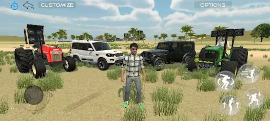Indian Vehicle Simulator 3D Android 2026 gameplay showing tractors, Thar RX and multiple Indian vehicles in open field