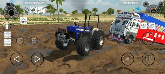 Indian Vehicle Simulator 3D Android offroading gameplay showing tractor pulling vehicle from mud terrain