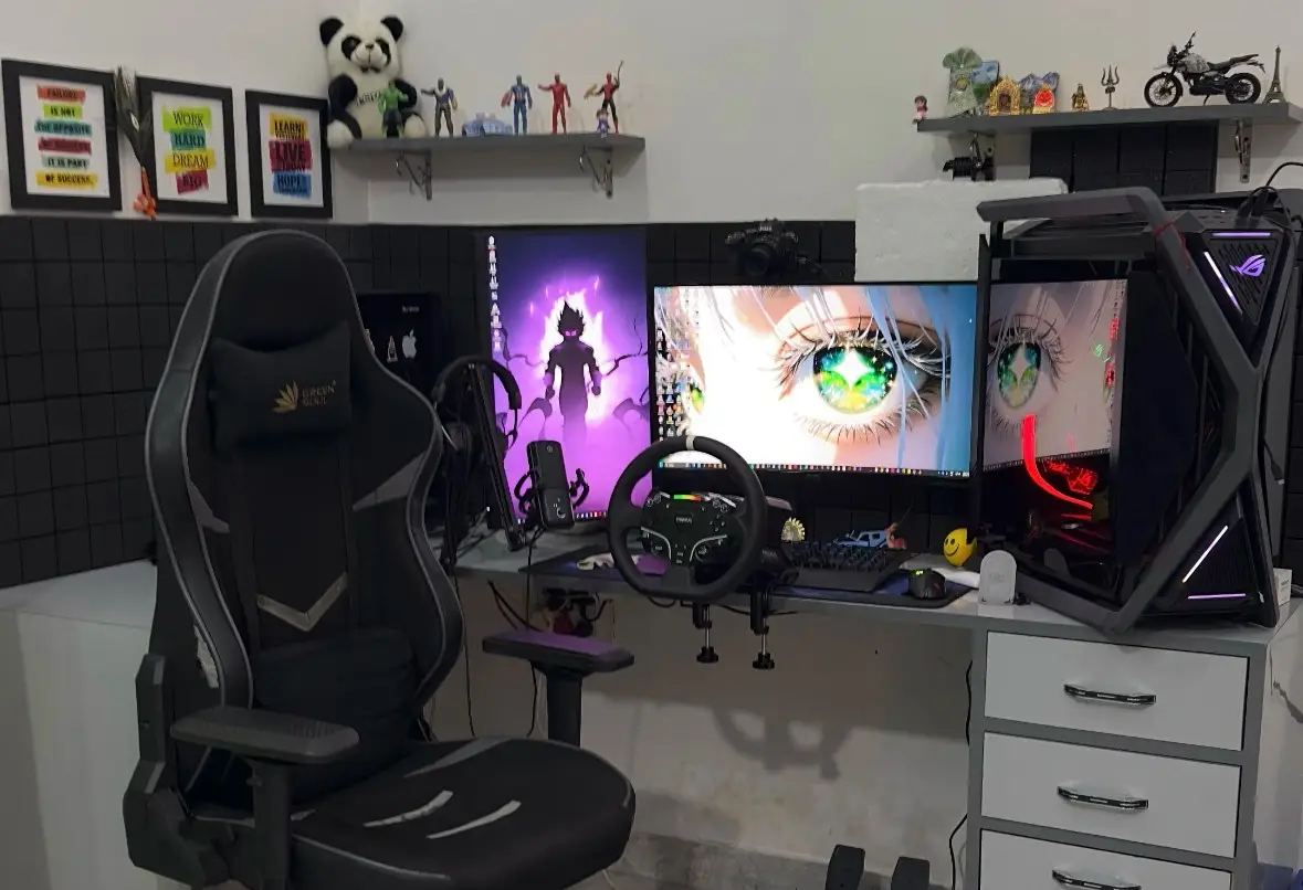 MOZA R5 racing wheel review 2026 showing full gaming setup with direct drive wheel base and pedal system