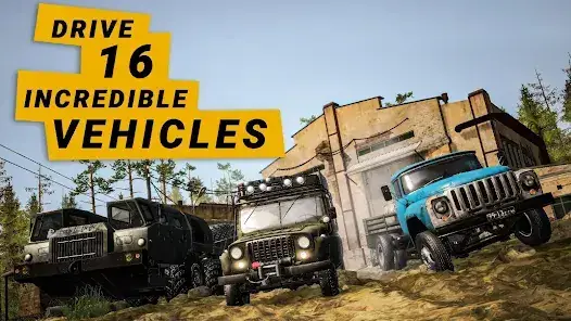 MudRunner Mobile gameplay showing offroad truck and tractor driving through mud terrain on Android