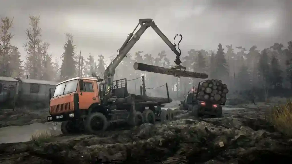 MudRunner PC gameplay showing logging truck and tractor crossing deep mud with crane attachment