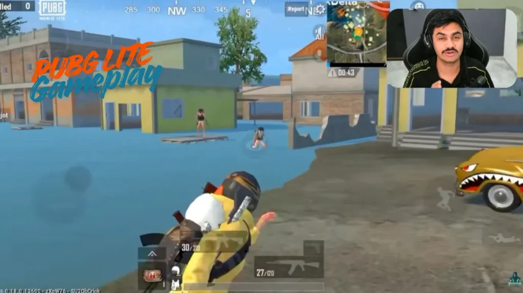 PUBG Mobile Lite gameplay scene showing player combat in flooded area on mobile device