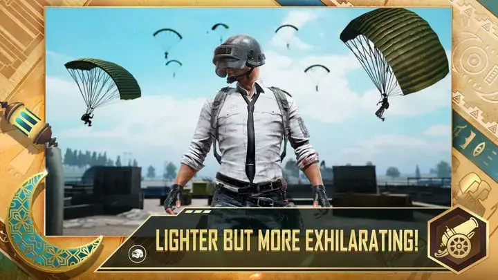 PUBG Mobile Lite gameplay showing realistic character movement and parachute drop on low-end mobile device