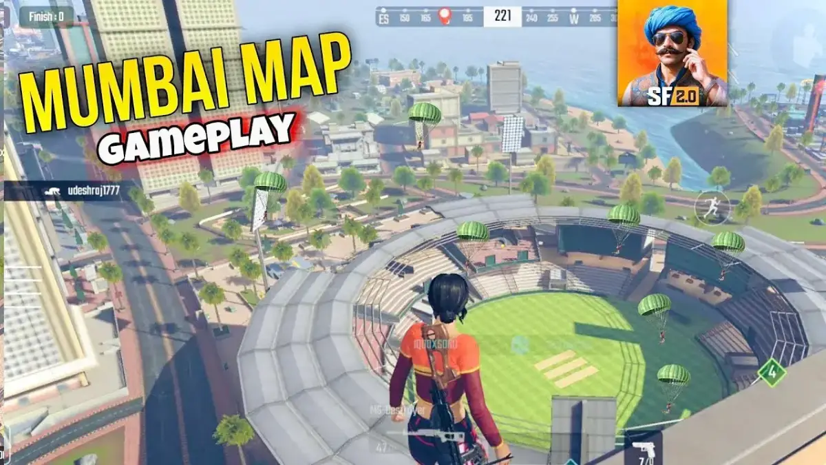 ScarFall 2.0 Mumbai Map gameplay showing cricket stadium and parachute drop