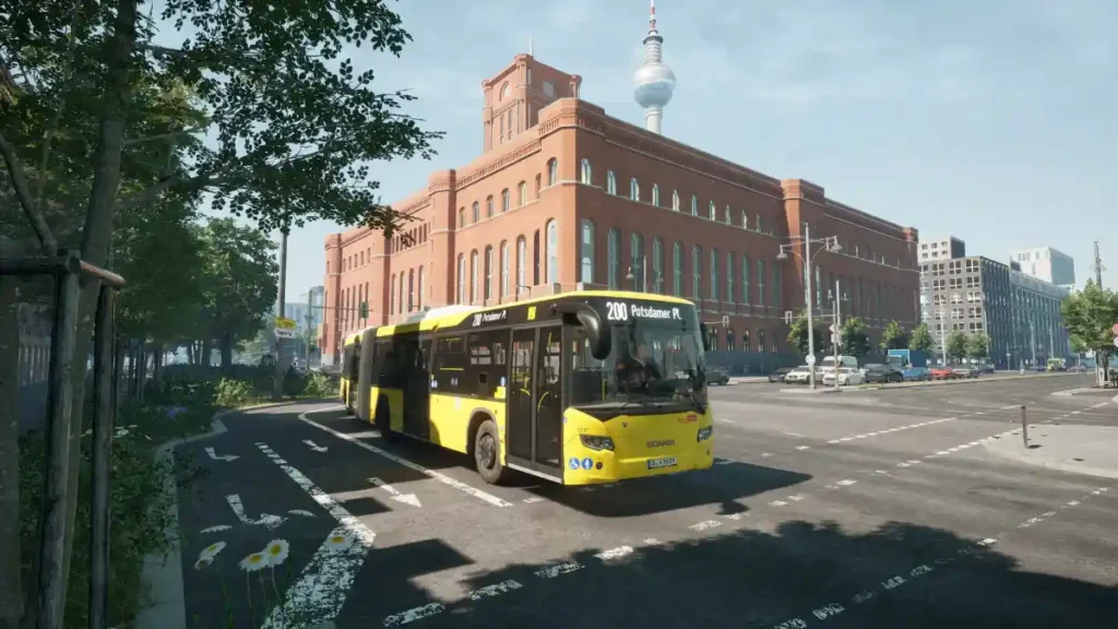 The Bus PC simulator gameplay showing articulated city bus driving in Berlin with realistic environment