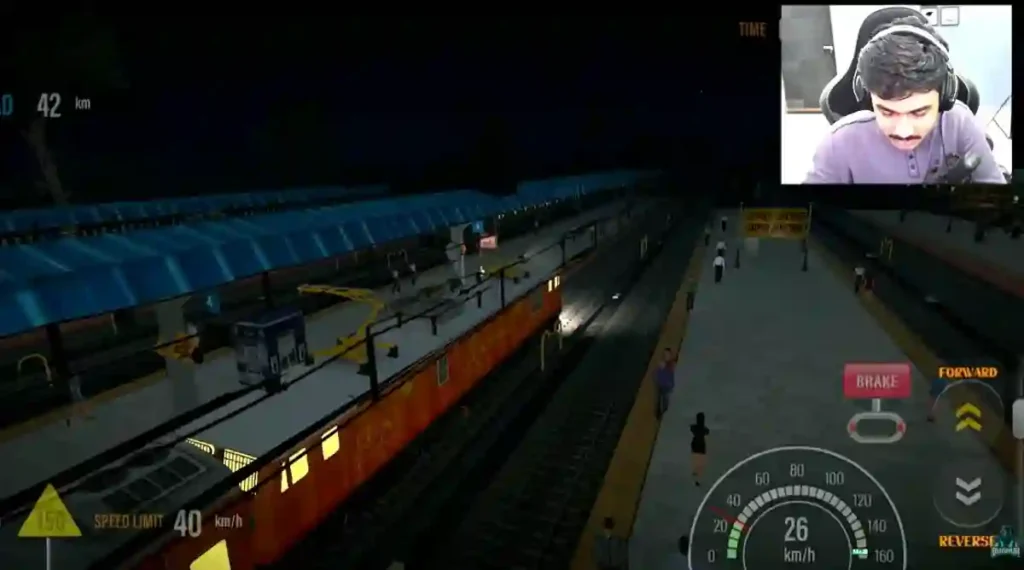train driver simulator gameplay showing brake forward controls speed meter and night railway platform