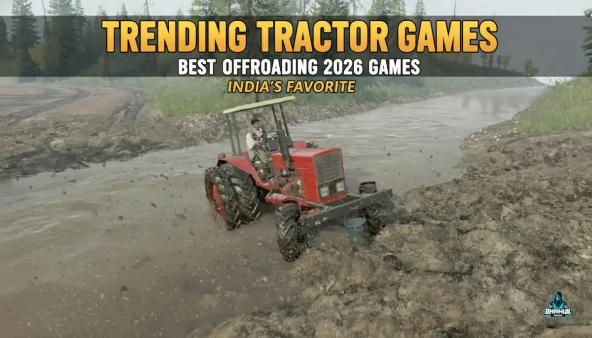 Trending tractor games 2026 showing realistic offroad tractor driving in muddy terrain with advanced physics simulation