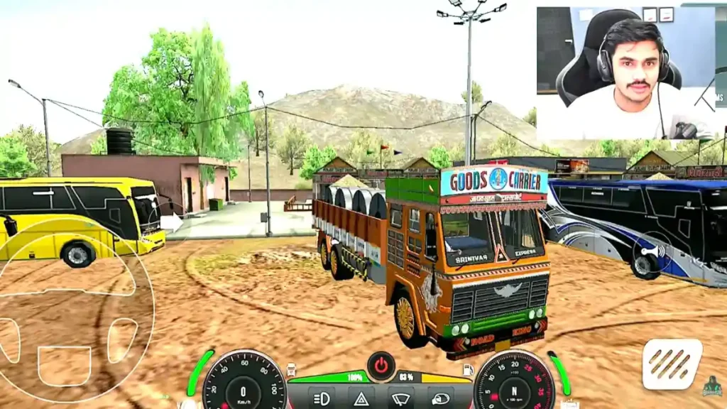 Truck simulator controls interface showing steering wheel, throttle and realistic truck driver experience