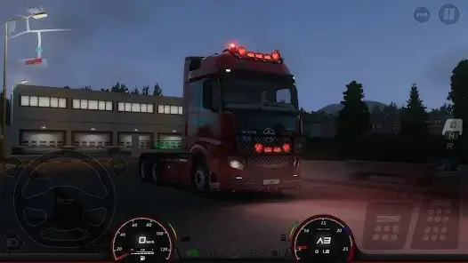 Trucks of Europe 3 Android gameplay showing realistic truck simulator with night driving and dashboard controls