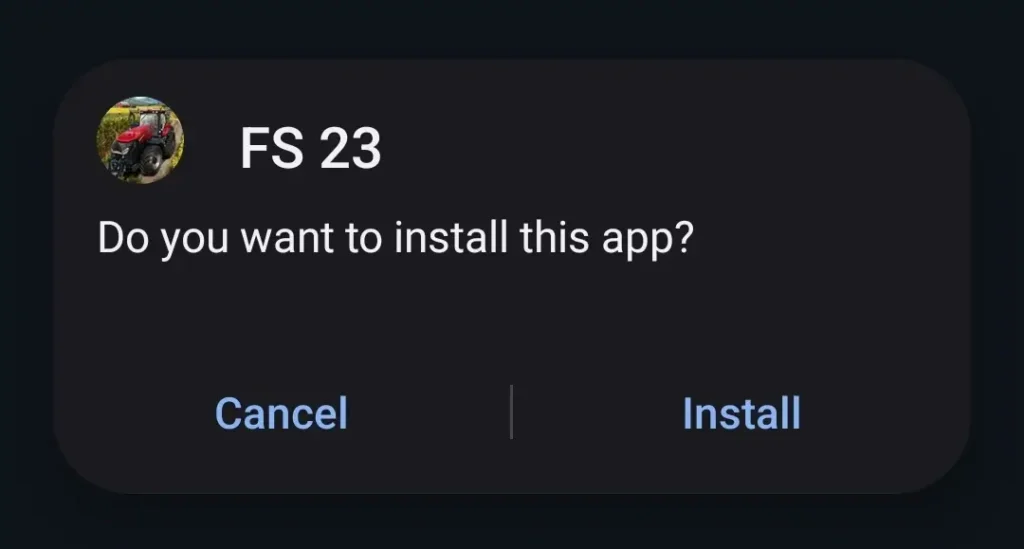 Farming Simulator 23 Mobile install confirmation screen showing Cancel and Install options