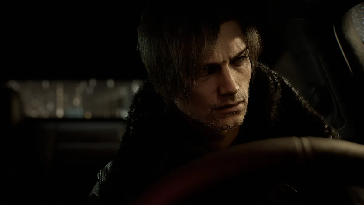 Resident Evil Requiem review scene showing Leon Kennedy in a dark cinematic moment