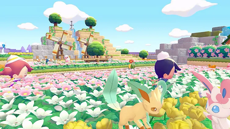 Pokemon Pokopia Review gameplay showing Ditto and Pokémon rebuilding a colorful garden habitat on Nintendo Switch 2